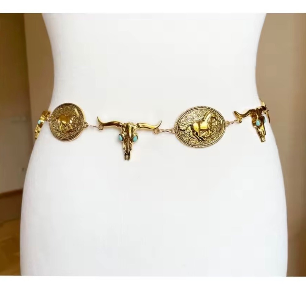 Turquoise Longhorn Skull Chain Belt Western Boho Statement‎ Cowboy Rodeo concho - Picture 4 of 9
